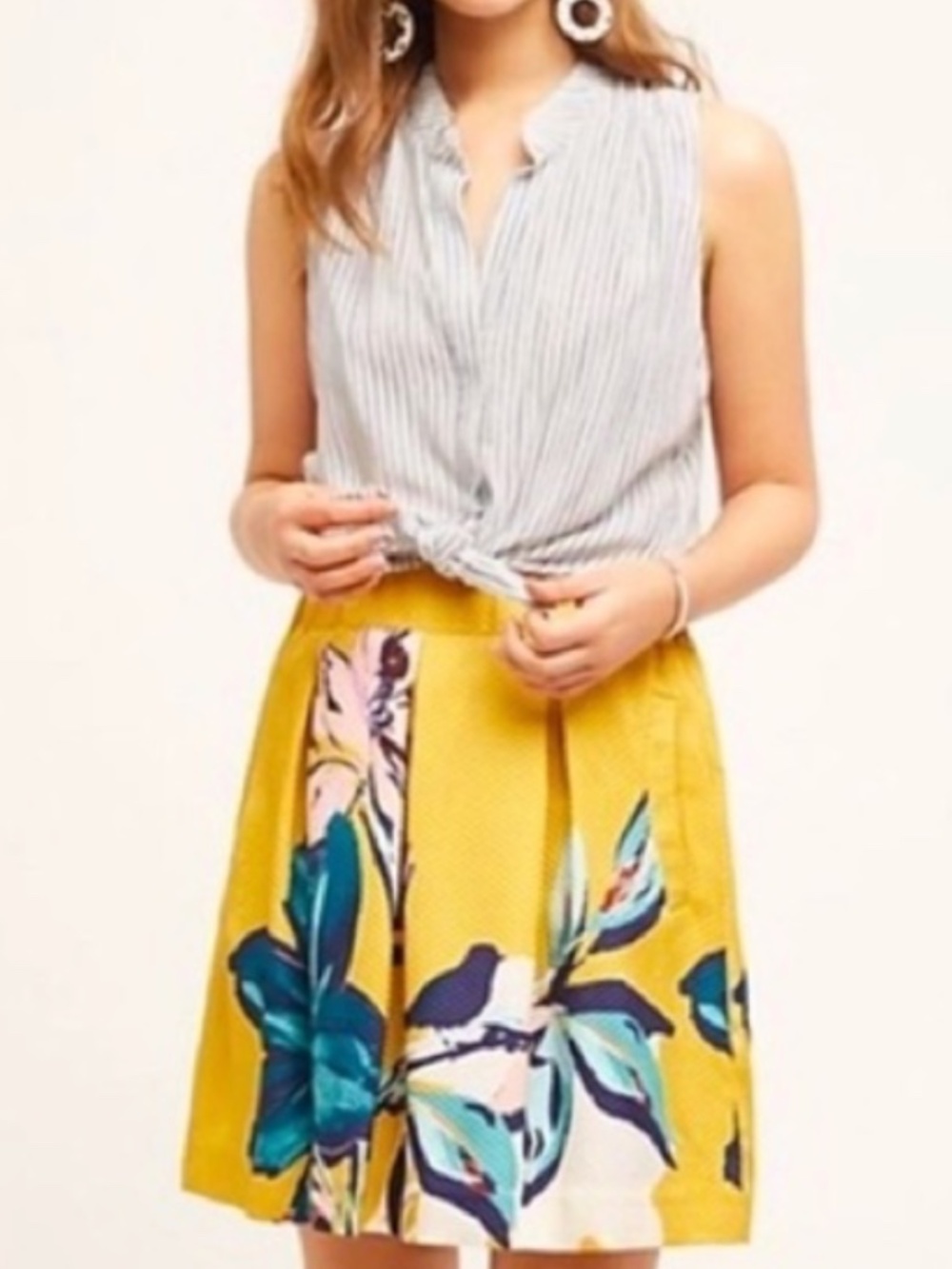 Anthropologie Maeve Tropical Floral Print A-line Mini Skirt Yellow size 8 Pocket